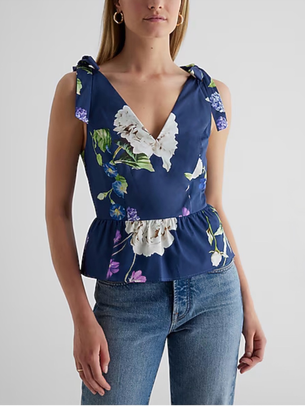 Express Floral V-Neck Tie Shoulder Peplum Tank NWT Size M